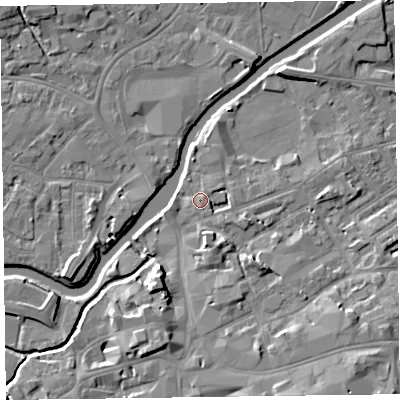 Shaded relief map of the ground around TA11JJ, computed from Environment Agency LiDAR. The ground here sits at about 16 m above sea level and falls 10 m across the surrounding 800 m. Surface water reaching this point runs off ground lying to the east-north-east, 1.4 m higher.