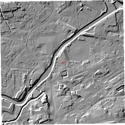 Shaded relief map of the ground around TA11JL, computed from Environment Agency LiDAR. The ground here sits at about 16 m above sea level and falls 11 m across the surrounding 800 m. Surface water reaching this point runs off ground lying to the south-south-east, 0.9 m higher.