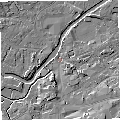 Shaded relief map of the ground around TA11JN, computed from Environment Agency LiDAR. The ground here sits at about 16 m above sea level and falls 12 m across the surrounding 800 m. Surface water reaching this point runs off ground lying to the south-south-east, 10.0 m higher.