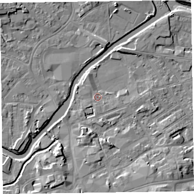 Shaded relief map of the ground around TA11JP, computed from Environment Agency LiDAR. The ground here sits at about 16 m above sea level and falls 12 m across the surrounding 800 m. Surface water reaching this point runs off ground lying to the south-west, 0.9 m higher.