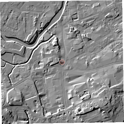 Shaded relief map of the ground around TA11JQ, computed from Environment Agency LiDAR. The ground here sits at about 19 m above sea level and falls 17 m across the surrounding 800 m. Surface water reaching this point runs off ground lying to the south-east, 12.1 m higher.