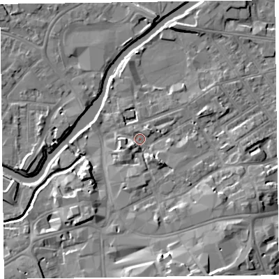Shaded relief map of the ground around TA11JR, computed from Environment Agency LiDAR. The ground here sits at about 16 m above sea level and falls 13 m across the surrounding 800 m. Surface water reaching this point runs off ground lying to the south-south-east, 4.9 m higher.