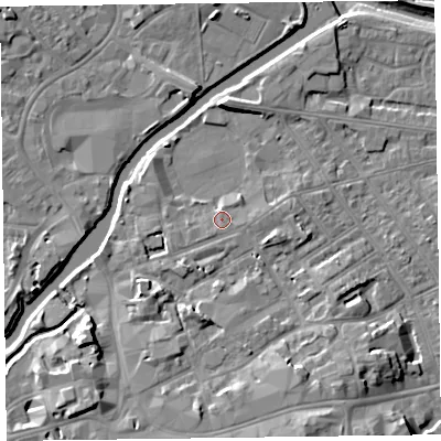 Shaded relief map of the ground around TA11JS, computed from Environment Agency LiDAR. The ground here sits at about 17 m above sea level and falls 12 m across the surrounding 800 m. Surface water reaching this point runs off ground lying to the south, 1.3 m higher.