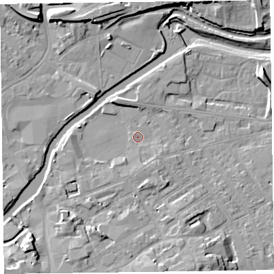 Shaded relief map of the ground around TA11JT, computed from Environment Agency LiDAR. The ground here sits at about 15 m above sea level and falls 11 m across the surrounding 800 m. Surface water reaching this point runs off ground lying to the south-south-east, 1.9 m higher.