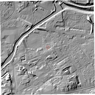 Shaded relief map of the ground around TA11JU, computed from Environment Agency LiDAR. The ground here sits at about 15 m above sea level and falls 11 m across the surrounding 800 m. Surface water reaching this point runs off ground lying to the south, 1.3 m higher.