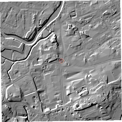 Shaded relief map of the ground around TA11JW, computed from Environment Agency LiDAR. The ground here sits at about 18 m above sea level and falls 17 m across the surrounding 800 m. Surface water reaching this point runs off ground lying to the south-east, 12.0 m higher.