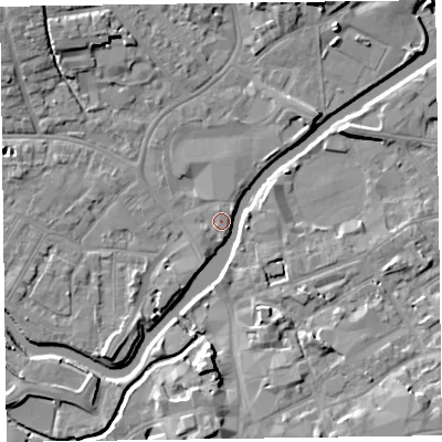 Shaded relief map of the ground around TA11JY, computed from Environment Agency LiDAR. The ground here sits at about 15 m above sea level and falls 10 m across the surrounding 800 m. Surface water reaching this point runs off ground lying to the south-south-west, 2.6 m higher.