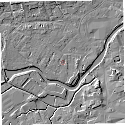 Shaded relief map of the ground around TA11JZ, computed from Environment Agency LiDAR. The ground here sits at about 15 m above sea level and falls 8 m across the surrounding 800 m. Surface water reaching this point runs off ground lying to the south-west, 1.6 m higher.