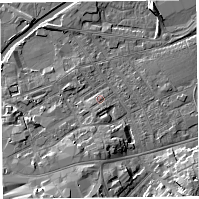 Shaded relief map of the ground around TA11LB, computed from Environment Agency LiDAR. The ground here sits at about 17 m above sea level and falls 12 m across the surrounding 800 m. Surface water reaching this point runs off ground lying to the south-south-west, 2.3 m higher.