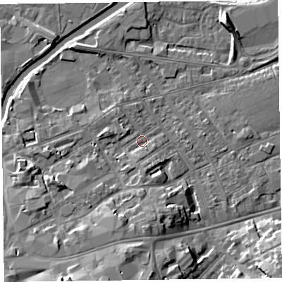 Shaded relief map of the ground around TA11LD, computed from Environment Agency LiDAR. The ground here sits at about 16 m above sea level and falls 12 m across the surrounding 800 m. Surface water reaching this point runs off ground lying to the south-south-west, 6.2 m higher.