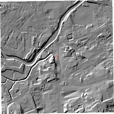 Shaded relief map of the ground around TA11LJ, computed from Environment Agency LiDAR. The ground here sits at about 16 m above sea level and falls 15 m across the surrounding 800 m. Surface water reaching this point runs off ground lying to the south-east, 12.9 m higher.