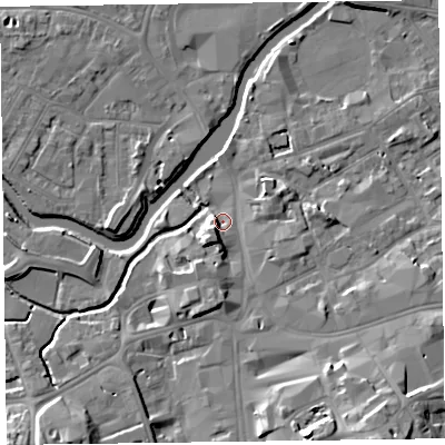 Shaded relief map of the ground around TA11LN, computed from Environment Agency LiDAR. The ground here sits at about 16 m above sea level and falls 16 m across the surrounding 800 m. Surface water reaching this point runs off ground lying to the south-east, 13.0 m higher.