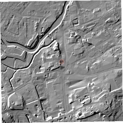 Shaded relief map of the ground around TA11LR, computed from Environment Agency LiDAR. The ground here sits at about 18 m above sea level and falls 17 m across the surrounding 800 m. Surface water reaching this point runs off ground lying to the south-east, 12.2 m higher.