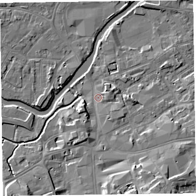 Shaded relief map of the ground around TA11LT, computed from Environment Agency LiDAR. The ground here sits at about 17 m above sea level and falls 15 m across the surrounding 800 m. Surface water reaching this point runs off ground lying to the south-south-east, 12.3 m higher.