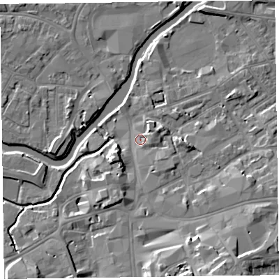 Shaded relief map of the ground around TA11LW, computed from Environment Agency LiDAR. The ground here sits at about 17 m above sea level and falls 15 m across the surrounding 800 m. Surface water reaching this point runs off ground lying to the south-south-east, 12.2 m higher.