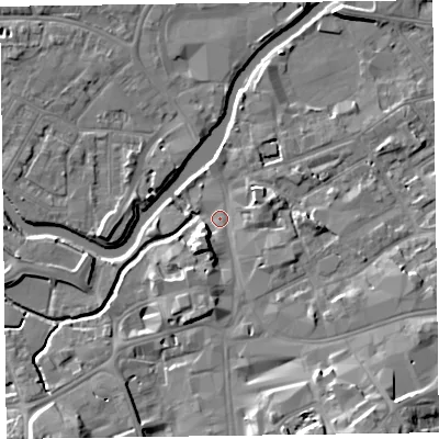 Shaded relief map of the ground around TA11NA, computed from Environment Agency LiDAR. The ground here sits at about 16 m above sea level and falls 15 m across the surrounding 800 m. Surface water reaching this point runs off ground lying to the south-east, 12.4 m higher.