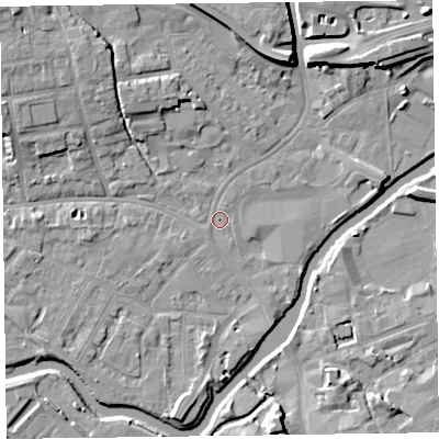 Shaded relief map of the ground around TA11NH, computed from Environment Agency LiDAR. The ground here sits at about 15 m above sea level and falls 9 m across the surrounding 800 m. Surface water reaching this point runs off ground lying to the north-west, 7.2 m higher.