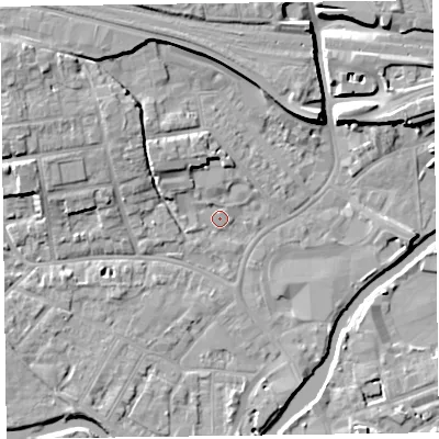 Shaded relief map of the ground around TA11NN, computed from Environment Agency LiDAR. The ground here sits at about 15 m above sea level and falls 9 m across the surrounding 800 m. Surface water reaching this point runs off ground lying to the north-west, 7.4 m higher.