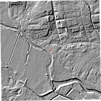 Shaded relief map of the ground around TA11NW, computed from Environment Agency LiDAR. The ground here sits at about 16 m above sea level and falls 8 m across the surrounding 800 m. Surface water reaching this point runs off ground lying to the south-south-east, 0.9 m higher.