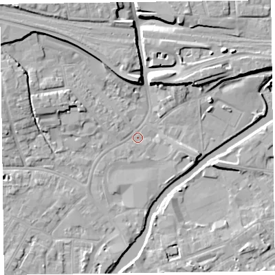 Shaded relief map of the ground around TA11NX, computed from Environment Agency LiDAR. The ground here sits at about 15 m above sea level and falls 11 m across the surrounding 800 m. Surface water reaching this point runs off ground lying to the north-west, 8.3 m higher.