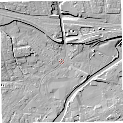 Shaded relief map of the ground around TA11PA, computed from Environment Agency LiDAR. The ground here sits at about 15 m above sea level and falls 11 m across the surrounding 800 m. Surface water reaching this point runs off ground lying to the north-west, 8.5 m higher.