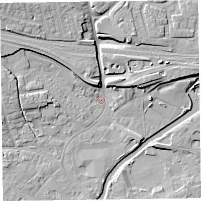 Shaded relief map of the ground around TA11PB, computed from Environment Agency LiDAR. The ground here sits at about 15 m above sea level and falls 13 m across the surrounding 800 m. Surface water reaching this point runs off ground lying to the west-north-west, 6.2 m higher.