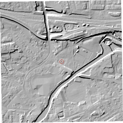 Shaded relief map of the ground around TA11PN, computed from Environment Agency LiDAR. The ground here sits at about 15 m above sea level and falls 11 m across the surrounding 800 m. Surface water reaching this point runs off ground lying to the south-east, 2.8 m higher.