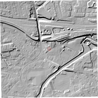 Shaded relief map of the ground around TA11PQ, computed from Environment Agency LiDAR. The ground here sits at about 16 m above sea level and falls 12 m across the surrounding 800 m. Surface water reaching this point runs off ground lying to the north-north-east, 2.7 m higher.