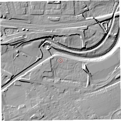 Shaded relief map of the ground around TA11PU, computed from Environment Agency LiDAR. The ground here sits at about 14 m above sea level and falls 11 m across the surrounding 800 m. Surface water reaching this point runs off ground lying to the east-south-east, 6.6 m higher.