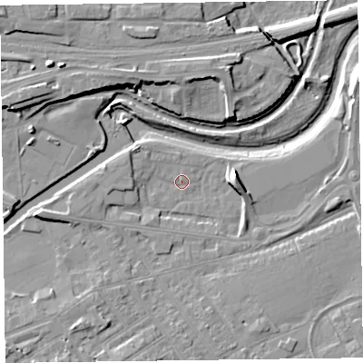 Shaded relief map of the ground around TA11PX, computed from Environment Agency LiDAR. The ground here sits at about 14 m above sea level and falls 12 m across the surrounding 800 m. Surface water reaching this point runs off ground lying to the east, 6.6 m higher.
