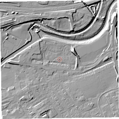 Shaded relief map of the ground around TA11PY, computed from Environment Agency LiDAR. The ground here sits at about 14 m above sea level and falls 12 m across the surrounding 800 m. Surface water reaching this point runs off ground lying to the east-north-east, 6.6 m higher.
