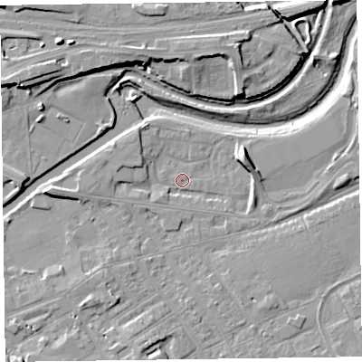Shaded relief map of the ground around TA11PZ, computed from Environment Agency LiDAR. The ground here sits at about 14 m above sea level and falls 12 m across the surrounding 800 m. Surface water reaching this point runs off ground lying to the east-north-east, 6.6 m higher.