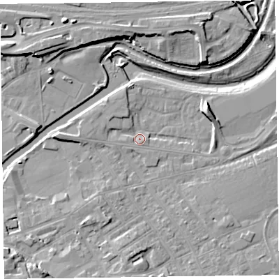 Shaded relief map of the ground around TA11QA, computed from Environment Agency LiDAR. The ground here sits at about 15 m above sea level and falls 11 m across the surrounding 800 m. Surface water reaching this point runs off ground lying to the east-north-east, 6.6 m higher.