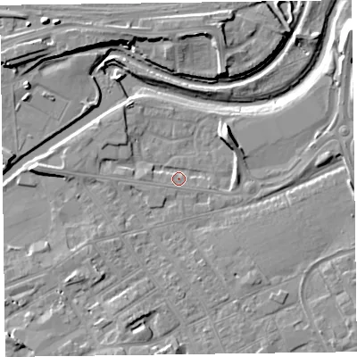 Shaded relief map of the ground around TA11QB, computed from Environment Agency LiDAR. The ground here sits at about 14 m above sea level and falls 12 m across the surrounding 800 m. Surface water reaching this point runs off ground lying to the north-east, 6.5 m higher.