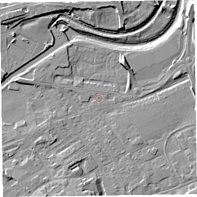 Shaded relief map of the ground around TA11QD, computed from Environment Agency LiDAR. The ground here sits at about 15 m above sea level and falls 11 m across the surrounding 800 m. Surface water reaching this point runs off ground lying to the west-south-west, 2.2 m higher.