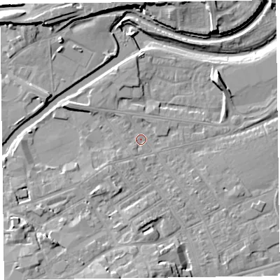 Shaded relief map of the ground around TA11QE, computed from Environment Agency LiDAR. The ground here sits at about 15 m above sea level and falls 11 m across the surrounding 800 m. Surface water reaching this point runs off ground lying to the south-south-west, 1.8 m higher.