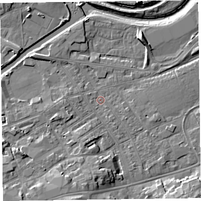 Shaded relief map of the ground around TA11QF, computed from Environment Agency LiDAR. The ground here sits at about 15 m above sea level and falls 12 m across the surrounding 800 m. Surface water reaching this point runs off ground lying to the south-south-west, 7.1 m higher.