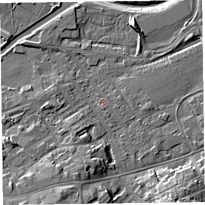 Shaded relief map of the ground around TA11QG, computed from Environment Agency LiDAR. The ground here sits at about 15 m above sea level and falls 13 m across the surrounding 800 m. Surface water reaching this point runs off ground lying to the south-east, 1.1 m higher.