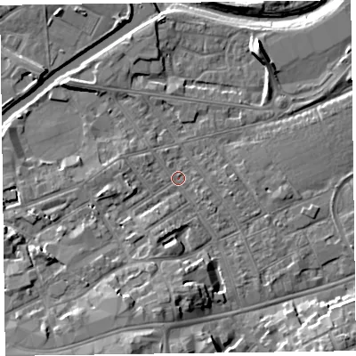 Shaded relief map of the ground around TA11QH, computed from Environment Agency LiDAR. The ground here sits at about 15 m above sea level and falls 12 m across the surrounding 800 m. Surface water reaching this point runs off ground lying to the south-south-west, 7.0 m higher.
