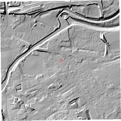 Shaded relief map of the ground around TA11QL, computed from Environment Agency LiDAR. The ground here sits at about 15 m above sea level and falls 11 m across the surrounding 800 m. Surface water reaching this point runs off ground lying to the south-south-west, 2.0 m higher.