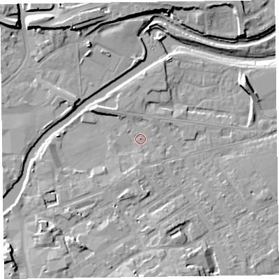 Shaded relief map of the ground around TA11QN, computed from Environment Agency LiDAR. The ground here sits at about 15 m above sea level and falls 11 m across the surrounding 800 m. Surface water reaching this point runs off ground lying to the south-south-west, 2.0 m higher.