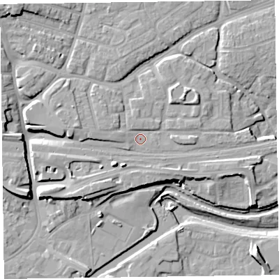 Shaded relief map of the ground around TA11QP, computed from Environment Agency LiDAR. The ground here sits at about 19 m above sea level and falls 15 m across the surrounding 800 m. Surface water reaching this point runs off ground lying to the west-north-west, 1.9 m higher.