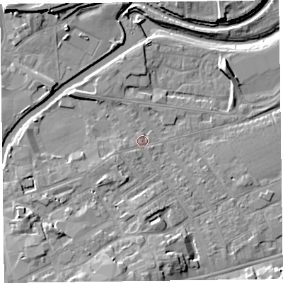 Shaded relief map of the ground around TA11QR, computed from Environment Agency LiDAR. The ground here sits at about 15 m above sea level and falls 11 m across the surrounding 800 m. Surface water reaching this point runs off ground lying to the south-west, 1.4 m higher.