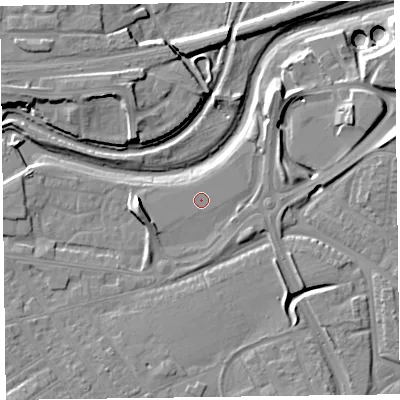 Shaded relief map of the ground around TA11QS, computed from Environment Agency LiDAR. The ground here sits at about 15 m above sea level and falls 14 m across the surrounding 800 m. The ground contributing surface water to this point lies to the north-west.