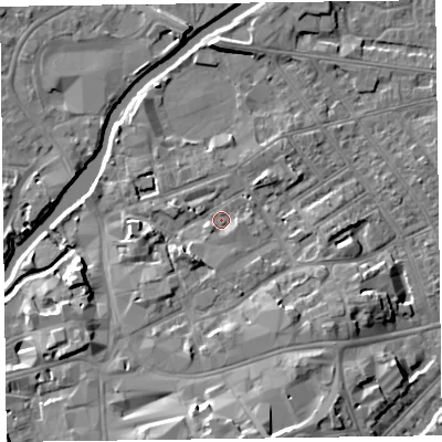 Shaded relief map of the ground around TA11RT, computed from Environment Agency LiDAR. The ground here sits at about 17 m above sea level and falls 13 m across the surrounding 800 m. Surface water reaching this point runs off ground lying to the north-east, 1.9 m higher.