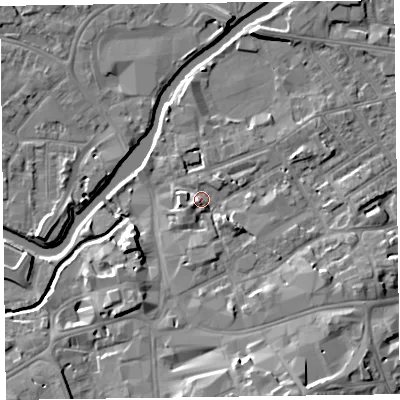 Shaded relief map of the ground around TA11SF, computed from Environment Agency LiDAR. The ground here sits at about 18 m above sea level and falls 14 m across the surrounding 800 m. Surface water reaching this point runs off ground lying to the south-east, 4.9 m higher.