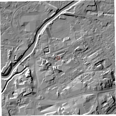 Shaded relief map of the ground around TA11SJ, computed from Environment Agency LiDAR. The ground here sits at about 17 m above sea level and falls 12 m across the surrounding 800 m. Surface water reaching this point runs off ground lying to the east-south-east, 2.2 m higher.