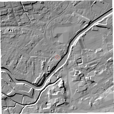 Shaded relief map of the ground around TA11TG, computed from Environment Agency LiDAR. The ground here sits at about 15 m above sea level and falls 9 m across the surrounding 800 m. Surface water reaching this point runs off ground lying to the south-east, 1.1 m higher.