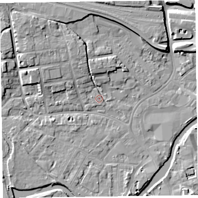 Shaded relief map of the ground around TA11TL, computed from Environment Agency LiDAR. The ground here sits at about 16 m above sea level and falls 9 m across the surrounding 800 m. Surface water reaching this point runs off ground lying to the north-north-west, 5.7 m higher.