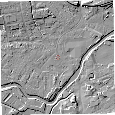 Shaded relief map of the ground around TA11TP, computed from Environment Agency LiDAR. The ground here sits at about 15 m above sea level and falls 9 m across the surrounding 800 m. Surface water reaching this point runs off ground lying to the south-south-west, 3.8 m higher.